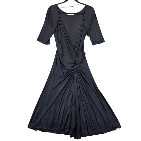 VTG Prada Dress Womens 44 Black Viscose Italian Designer Ruched Midi Made Italy - Picture 1 of 16